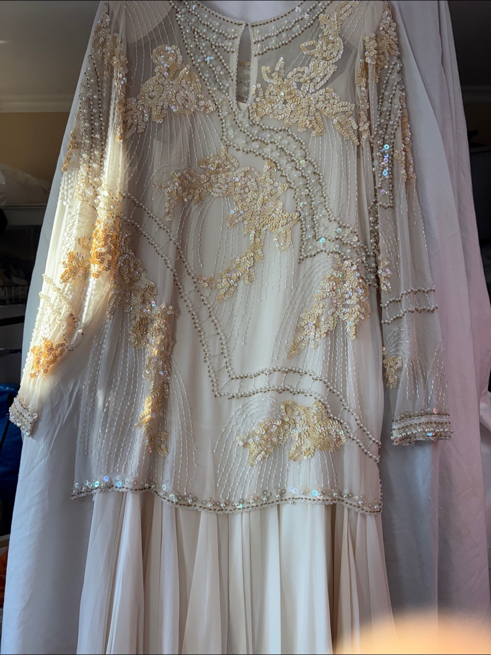 Vintage SWEE LO Embellished Cream Beaded Long-Sleeve Dress - Picture 4 of 5